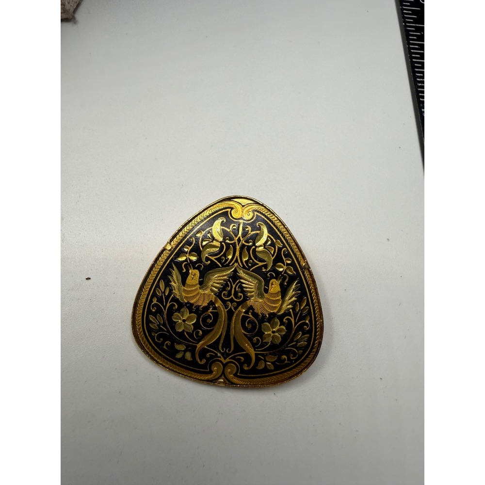 Vintage Spanish Damascene Bird Brooch Toledo Gold Inlay Black Enamel Pin